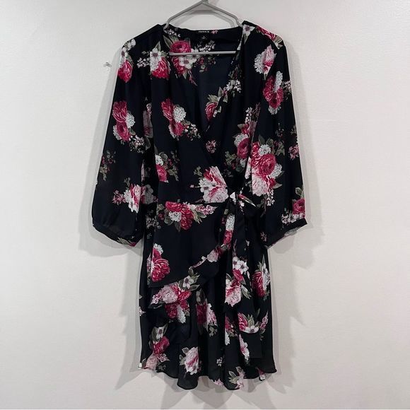 Torrid Black Pink Floral Hi Lo 3/4 Sleeves Georgette Tunic‎ Wrap Blouse 1X - Picture 5 of 13